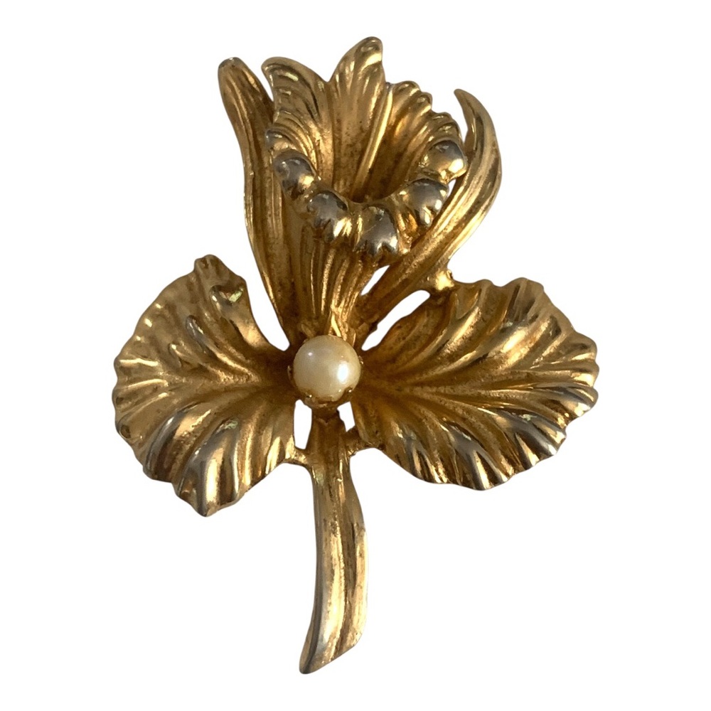 Vintage Gold-tone Orchid Brooch with Pearl Accent